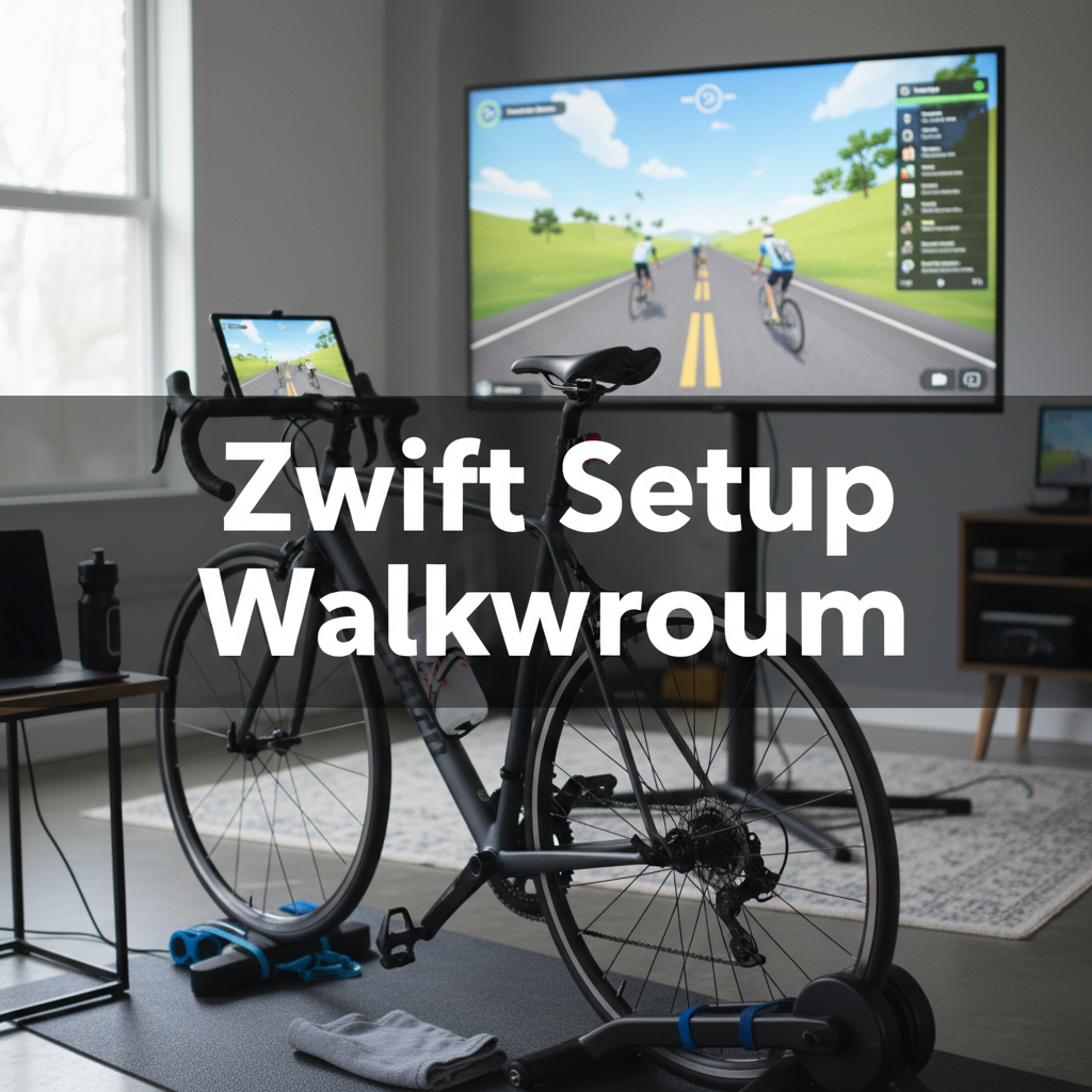 Professional blog header image for article titled: Zwift Setup Walkthrough. High quality, relevant imagery, clean composition.