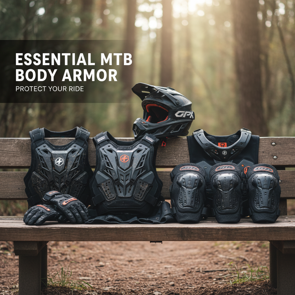 Professional blog header image for article titled: Essential MTB Body Armor. High quality, relevant imagery, clean composition.