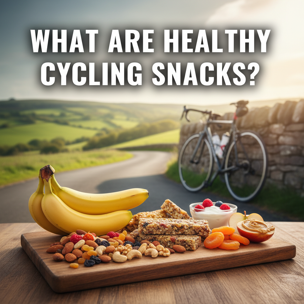 Professional blog header image for article titled: What are healthy cycling snacks. High quality, relevant imagery, clean composition.