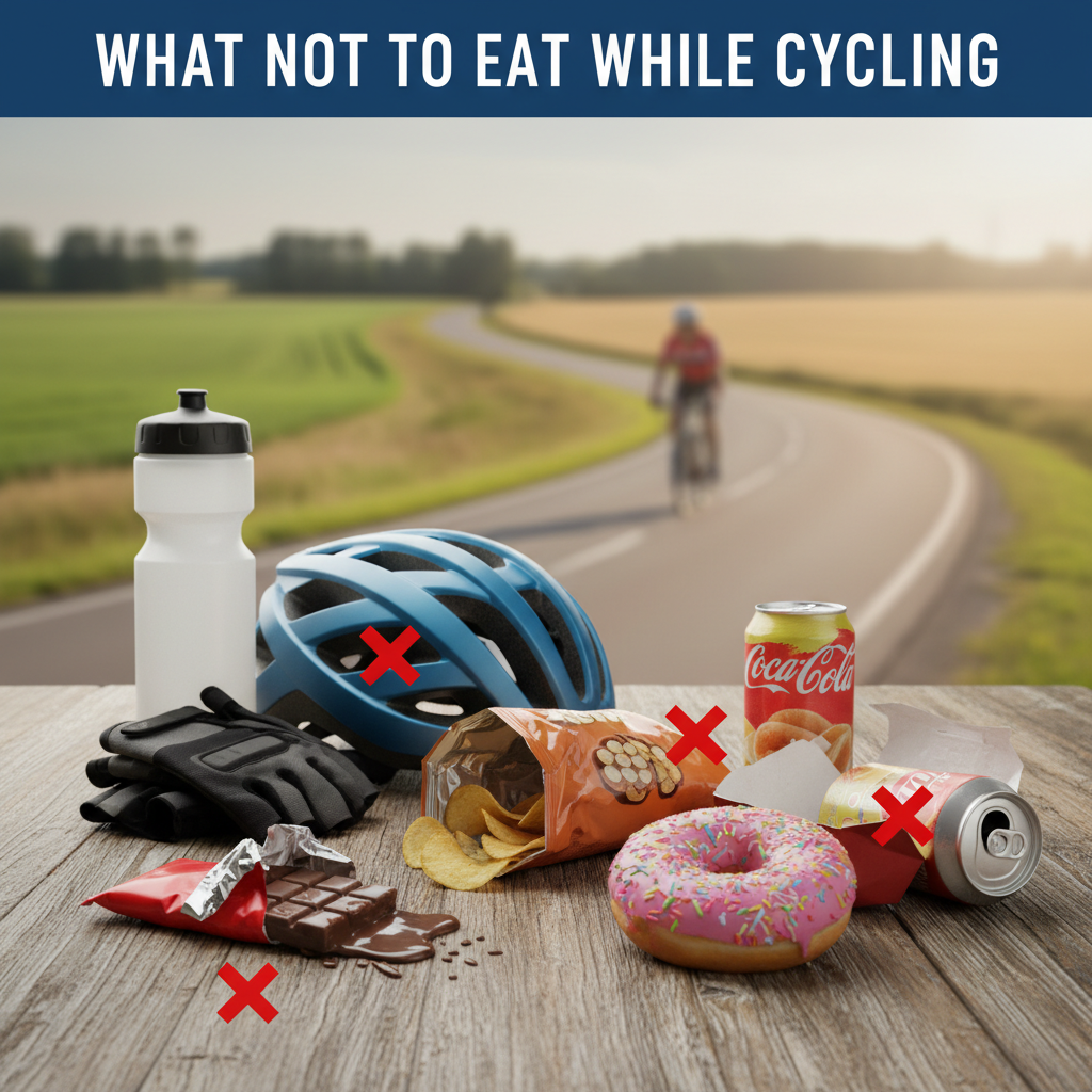 Professional blog header image for article titled: What not to eat while cycling. High quality, relevant imagery, clean composition.