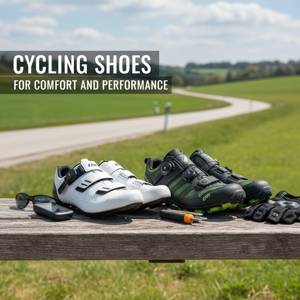 Professional blog header image for article titled: Cycling Shoes for Comfort and Performance. High quality, relevant imagery, clean composition.