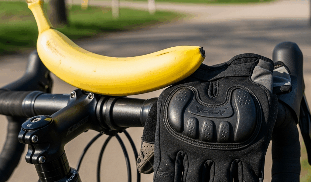single banana on a bicycle handlebar with cycling gloves nea 20260331 084755