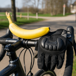 single banana on a bicycle handlebar with cycling gloves nea 20260331 084755