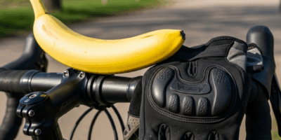 single banana on a bicycle handlebar with cycling gloves nea 20260331 084755