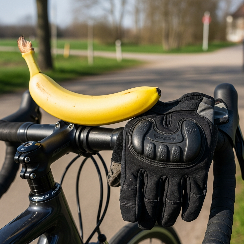single banana on a bicycle handlebar with cycling gloves nea 20260331 084755